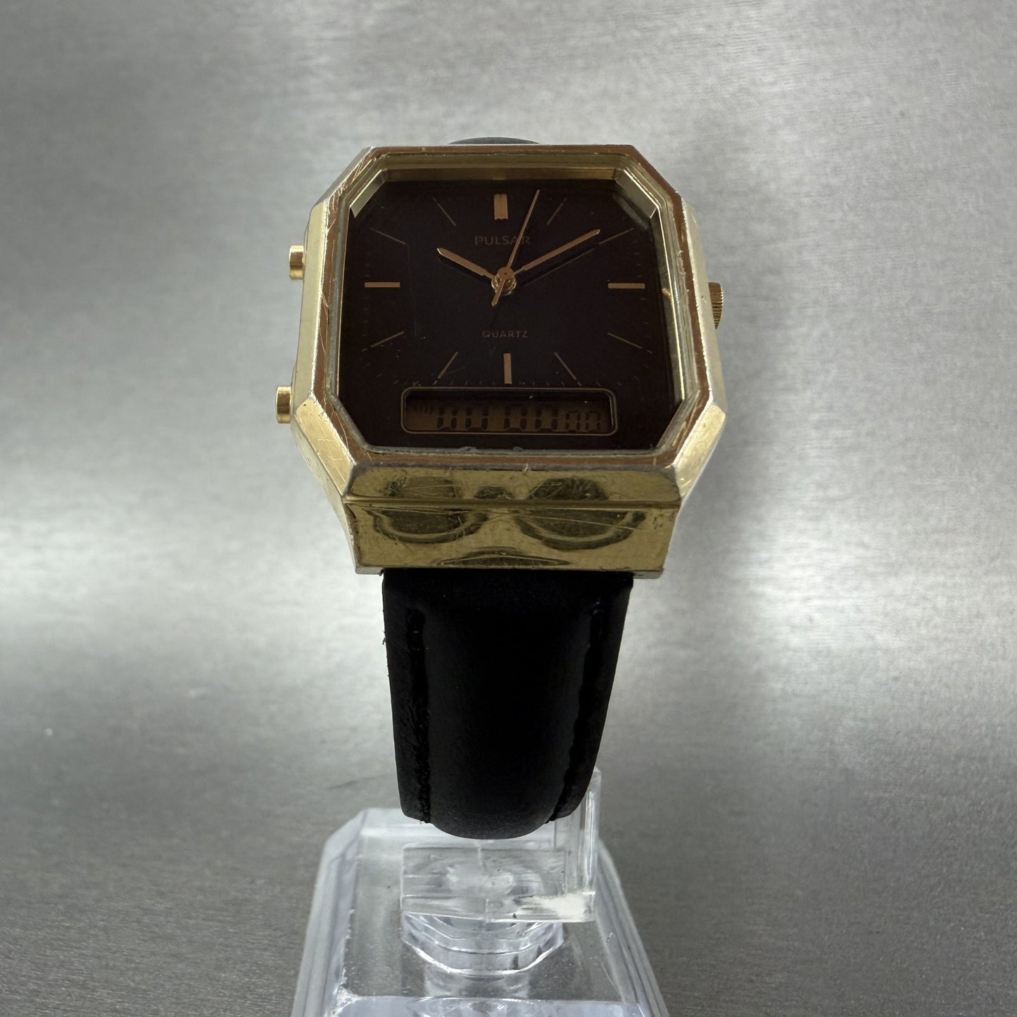Pulsar Analog Digital Watch Men 29mm Black Dial Gold Octagon V0415180 New Batt5