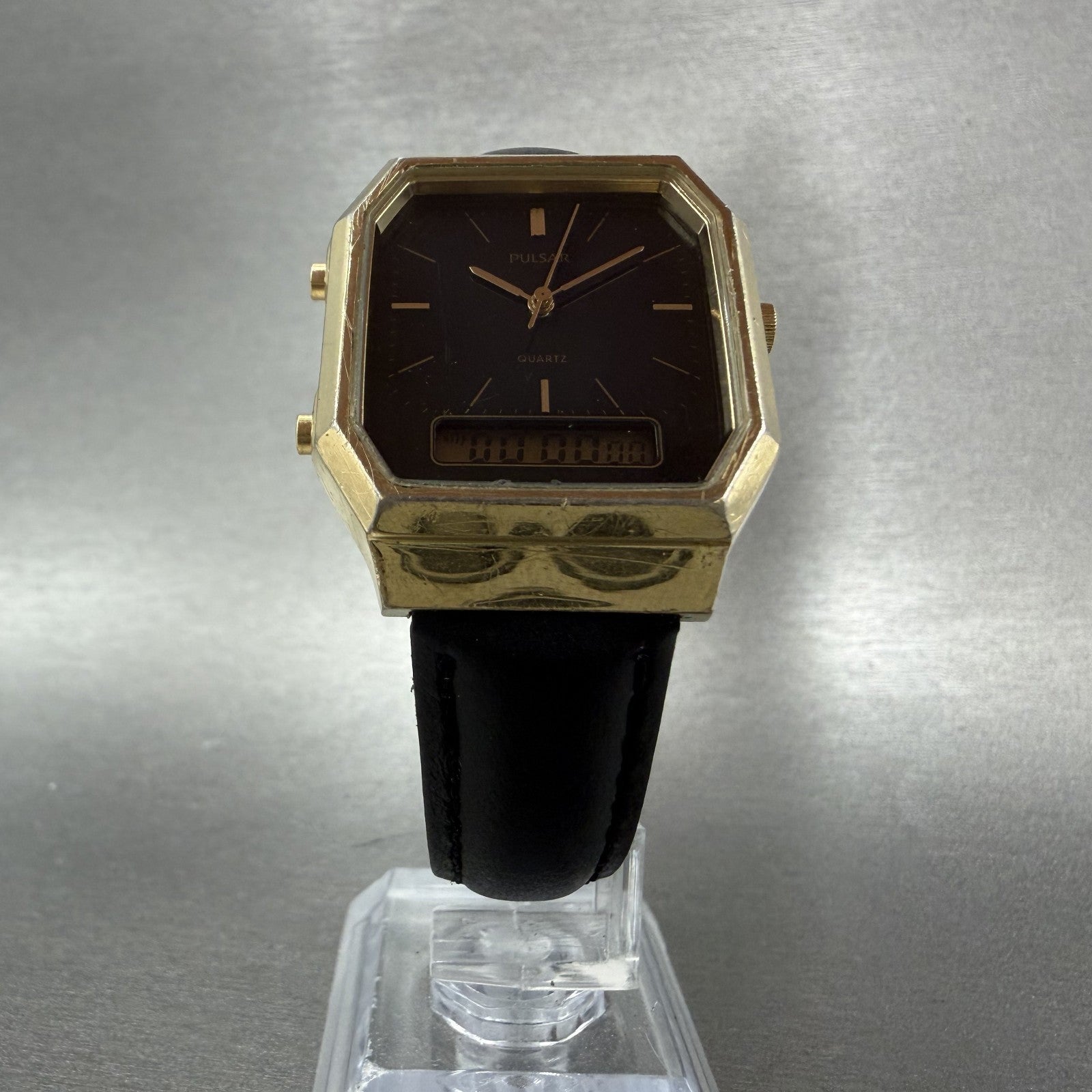 Pulsar Analog Digital Watch Men 29mm Black Dial Gold Octagon V0415180 New Batt5