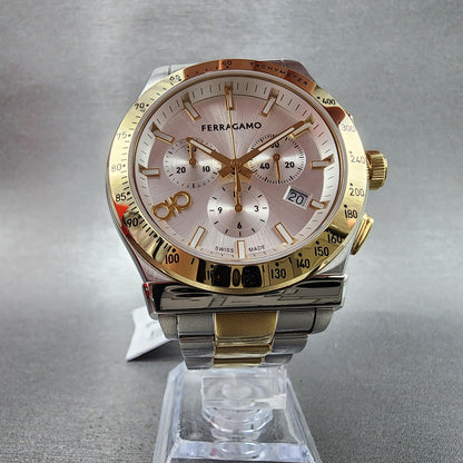 Ferragamo 1927 Chronograph Watch Men 42mm White Dial Two Tone Date Round W/Box