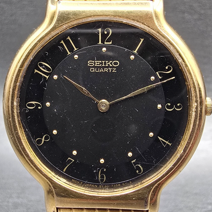Seiko Watch Men 33mm Black Dial Gold Tone Round 5Y30-7029 New Battery Vintage1
