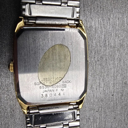 Seiko Watch Men 26mm Gold Dial Gold Tone Rectangle 6530-5080 New Battery Vintage10