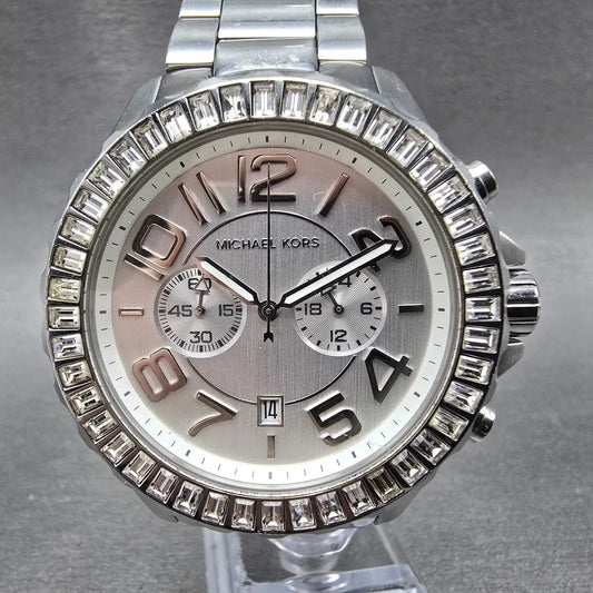 Michael Kors Chronograph Watch Women 45mm Silver Dial Steel Date MK-5590 New Bat0