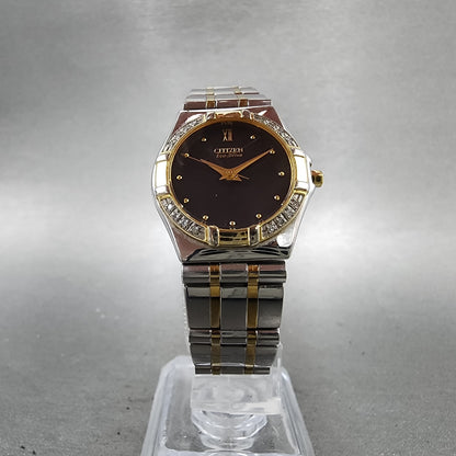 Citizen EcoDrive Watch Women 25mm Black Dial Two Tone Diamond Bezel Runs5