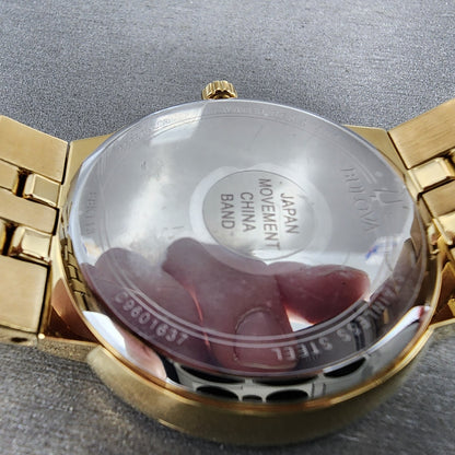 Bulova Watch Men 40mm Gold Dial Gold Tone Round Crystal Bezel 98K113 W/Necklace