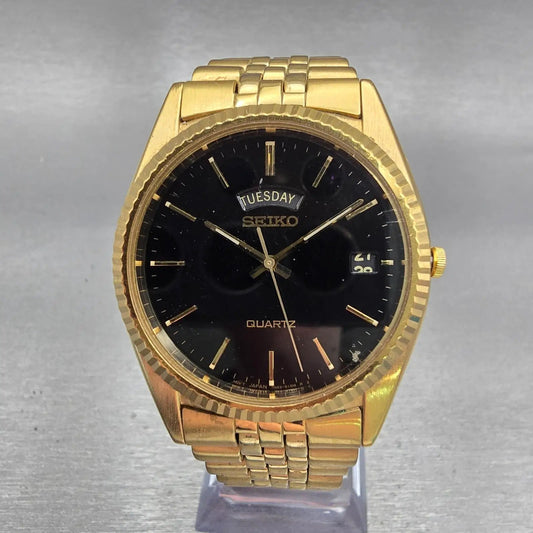 Seiko President Watch Men 36mm Black Dial Gold Tone Daydate 7N43-8111 New Batt0