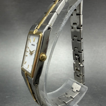 Seiko Tank Watch Women 13mm White Dial two Tone Rectangle 2e20-7479 New Batt OP92