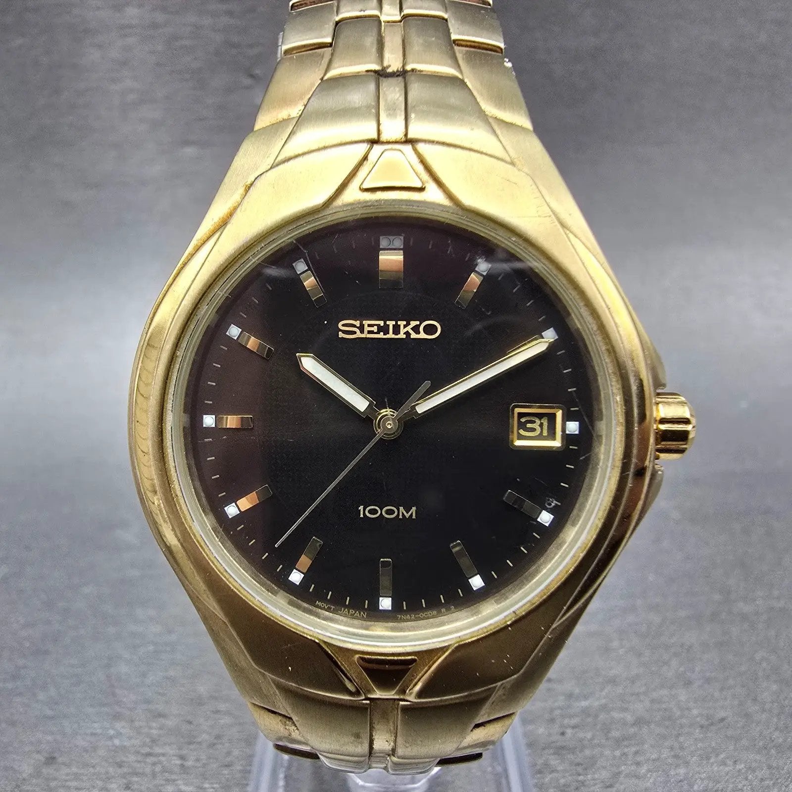 Seiko Watch Men 38mm Brown Dial Gold Tone Date Round 7N42-0BC0 PARTS Vintage0