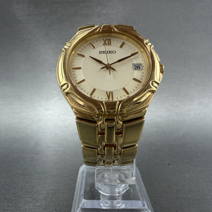Seiko Watch Men 37mm White Dial Gold Tone Date Round 7N420BD0 New Battery5