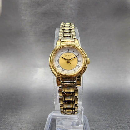 Seiko Watch Women 20mm White & Gold Dial Gold Tone Round 1N01 New Battery
