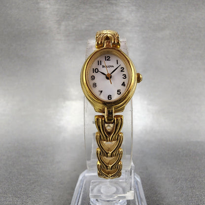 Bulova Watch Women 17mm White Dial Gold Tone Oval 97T70 New Battery5