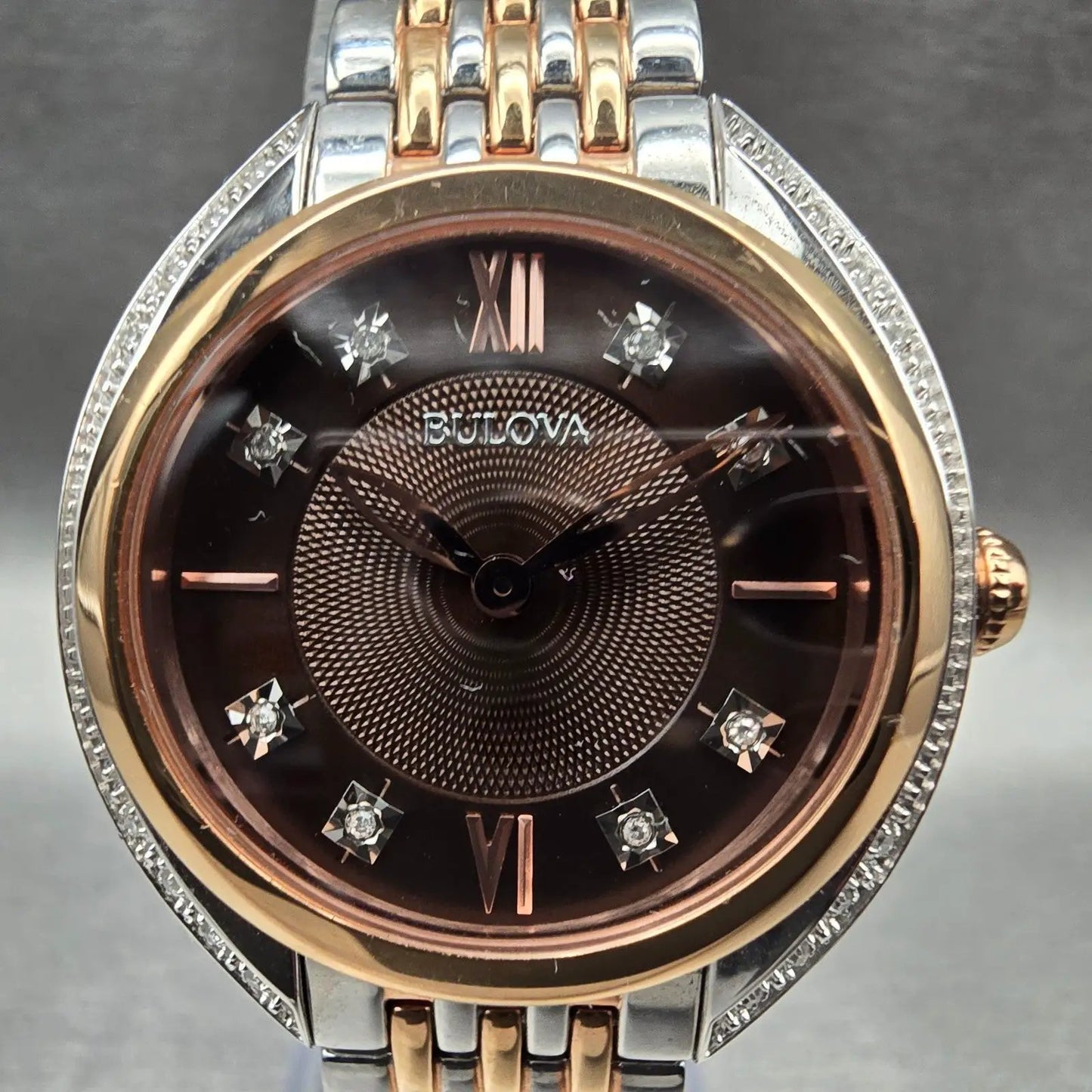 Bulova Watch Women 30mm Brown Dial Two Tone Gemmed Oval 98R230 New Battery1