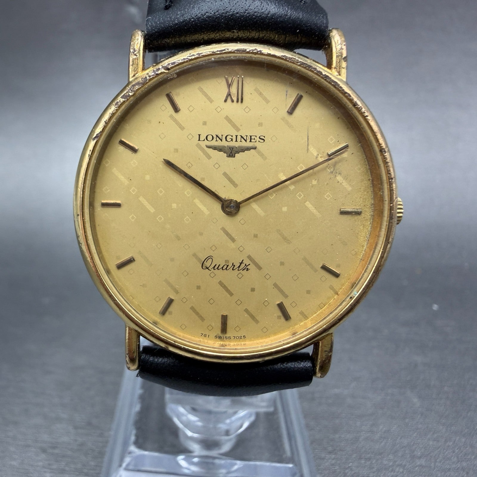 Longines Watch Men 32mm Gold Dial Gold Tone Round 7025 New Battery0