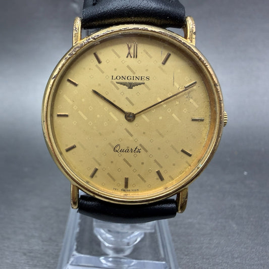 Longines Watch Men 32mm Gold Dial Gold Tone Round 7025 New Battery0