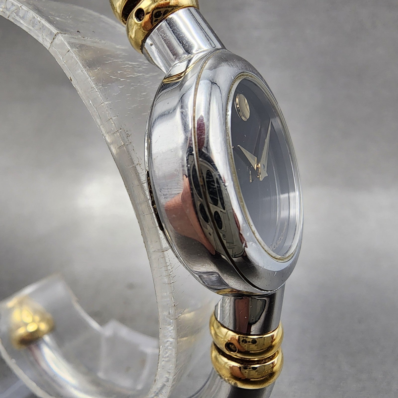 Movado Bareleto Watch Women 24mm Black Dial Two Tone Round Bangle New BatteryABC3