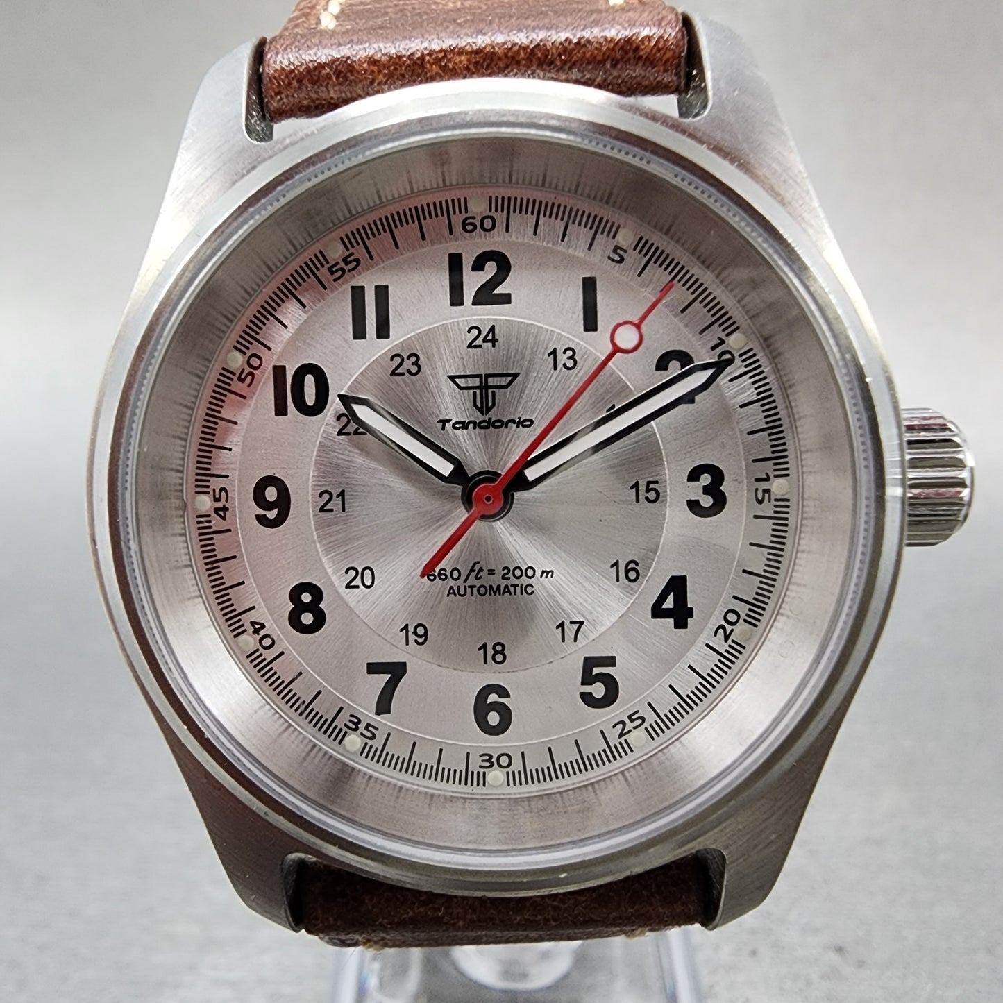 Tandorio Pilot Watch Men 36mm Silver Dial Silver Tone Round Automatic Runs1