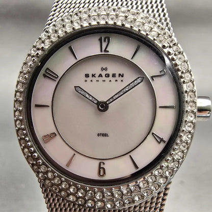 Skagen Steel Watch Women 26mm MOP Dial Silver Tone Gemmed 566XSSS New Battery1