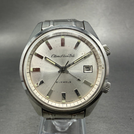 Citizen Alarm Date Watch Men 37mm White Dial Silver Tone Manual Wind 21 J PARTS0