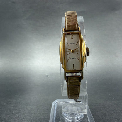 Seiko Solar Tank Watch Women 15mm White Dial Gold Tone Rectangle 562 Manual Runs5
