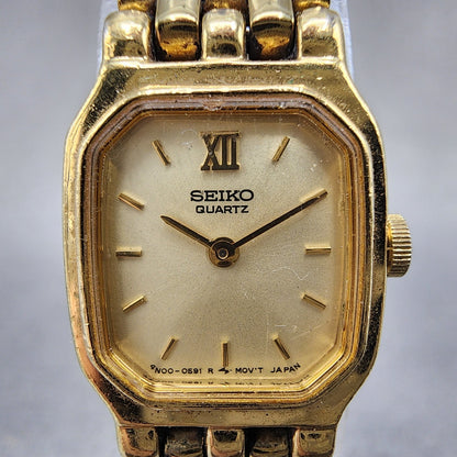 Seiko Tank Watch Women 16mm Champagne Dial Gold Tone 4n005249 New Battery1