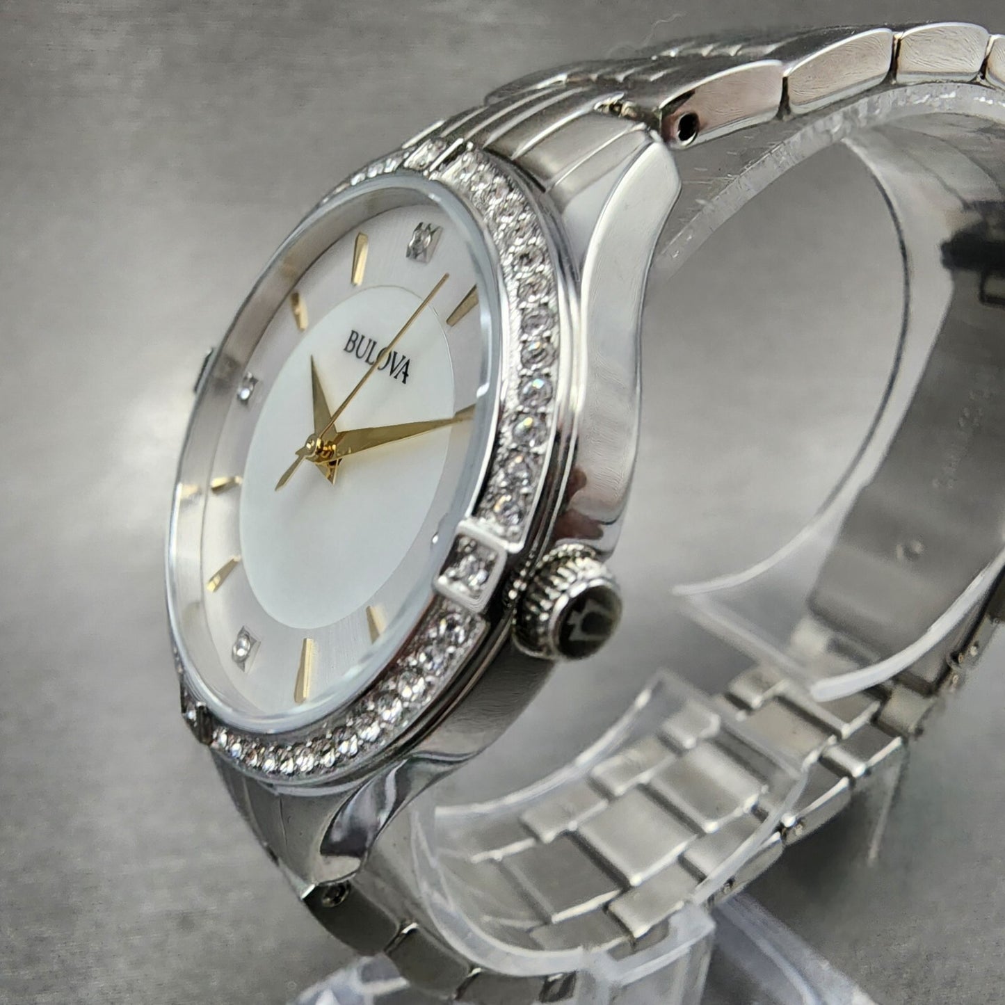 Bulova Crystal Watch Women 32mm MOP Dial Stainless Steel Round 96L2822
