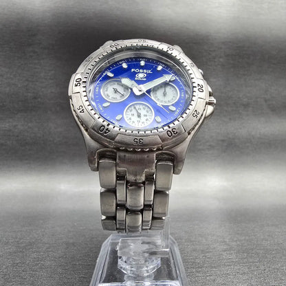 Fossil Blue Dive Watch Men 39mm Blue Dial Silver Tone Daydate BQ-9031 New Batt5