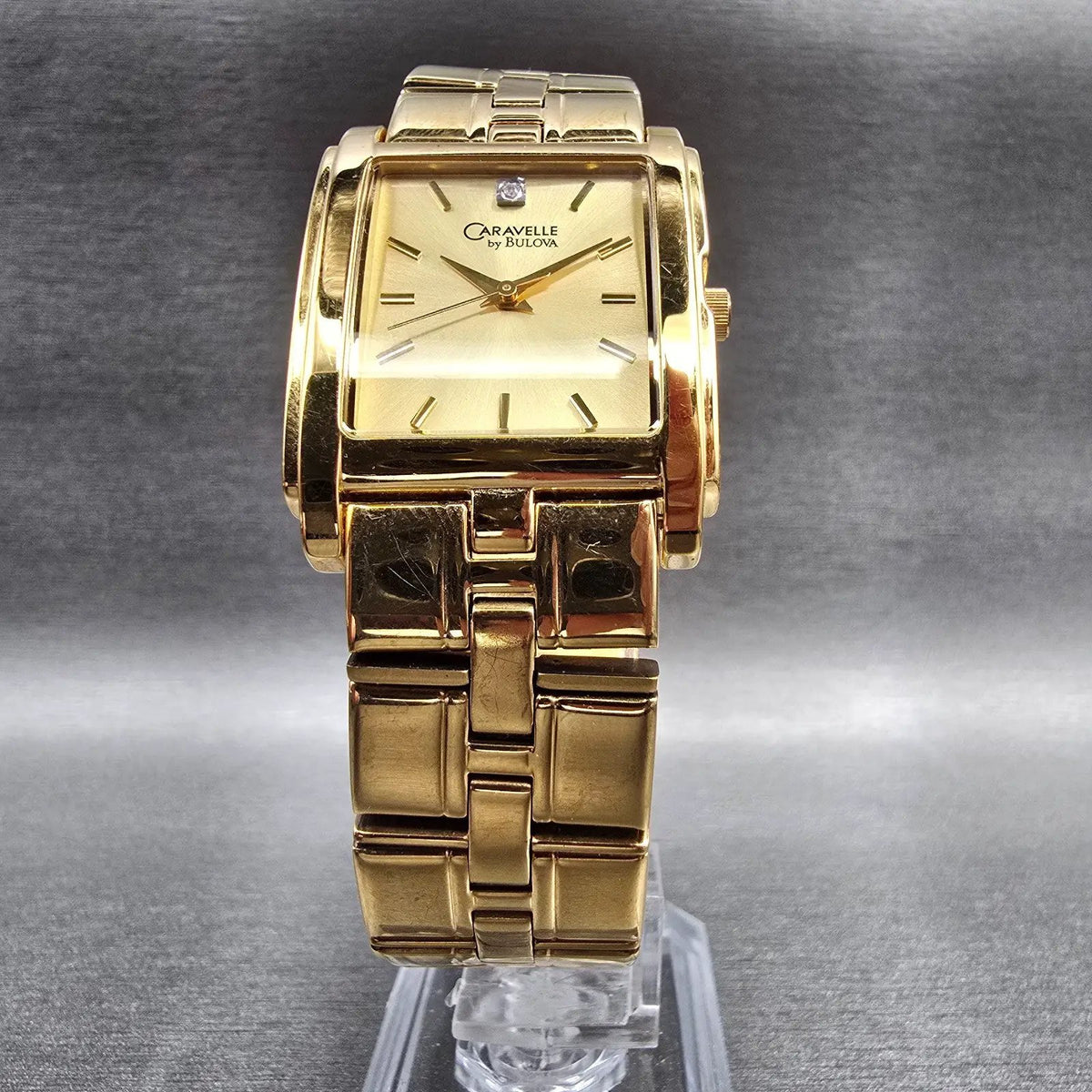 Bulova Caravelle Watch Men 26mm Gold Dial Gold Tone Rectangle 44D06 New Battery5