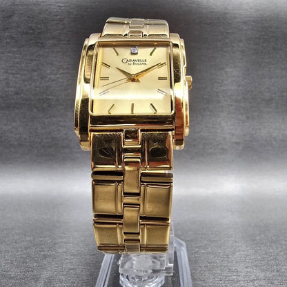 Bulova Caravelle Watch Men 26mm Gold Dial Gold Tone Rectangle 44D06 New Battery5