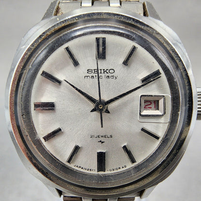 Seiko Matic Lady Watch Women 24mm White Dial Silver Tone date Round Runs VTG1