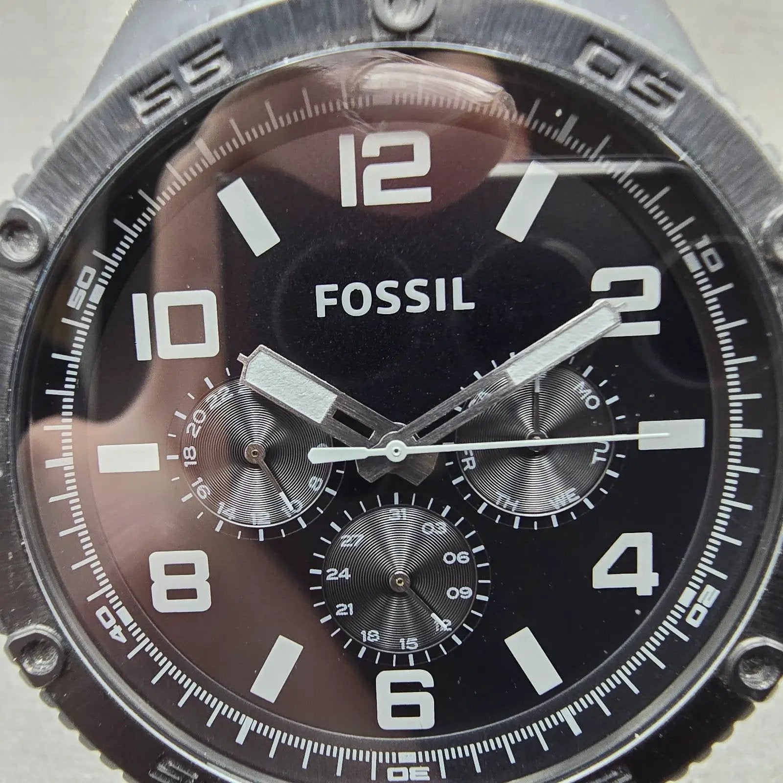 Fossil Watch Men 50mm Black Dial Black Tone Daydate Round BQ2532 New Battery1