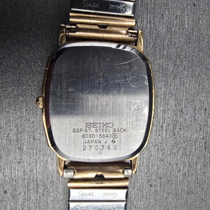 Seiko Watch Men 28mm Champagne Dial Gold Tone Rectangle 6030-5640 New Battery10