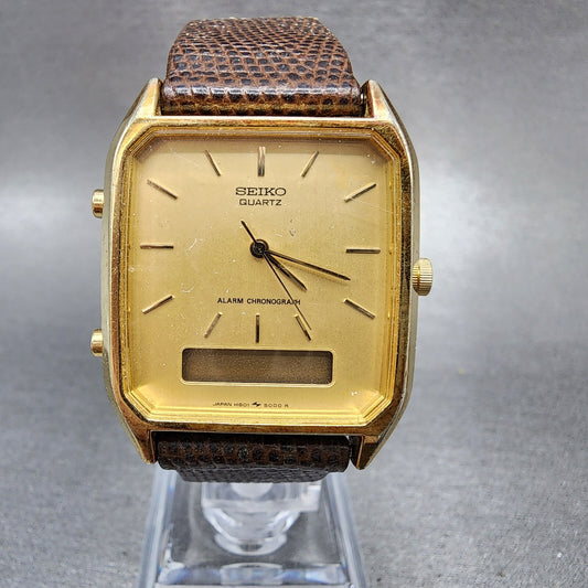 Seiko Analog Digital Watch Men 29mm Gold Dial Gold Tone Rectangle H601-5009 PART