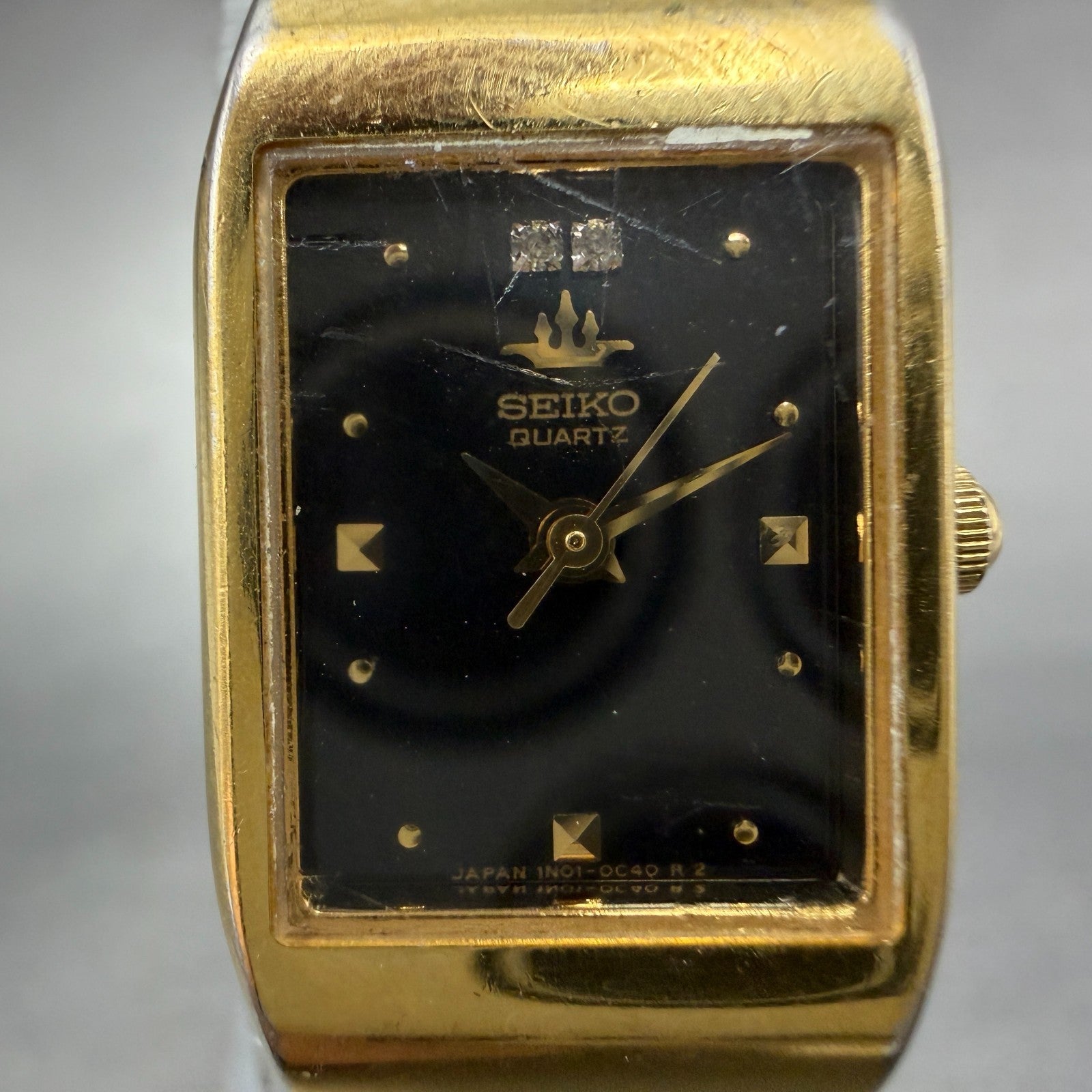 Seiko Tank Watch Women 16mm Black Dial Gold Tone Rectangle 1N01-5A10 New Battery1