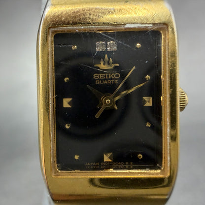 Seiko Tank Watch Women 16mm Black Dial Gold Tone Rectangle 1N01-5A10 New Battery1