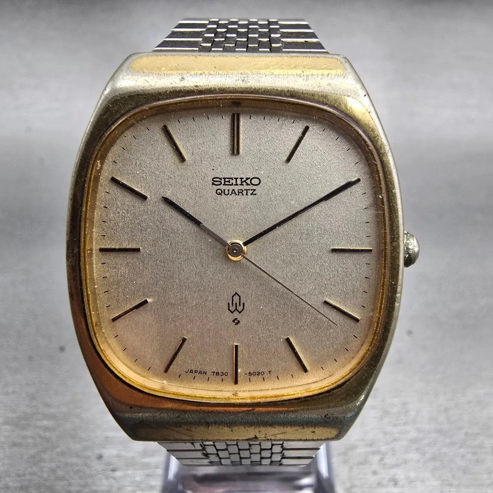 Seiko Watch Men 32mm Champagne Dial Gold Tone Rectangle 7830-5020 New Battery0