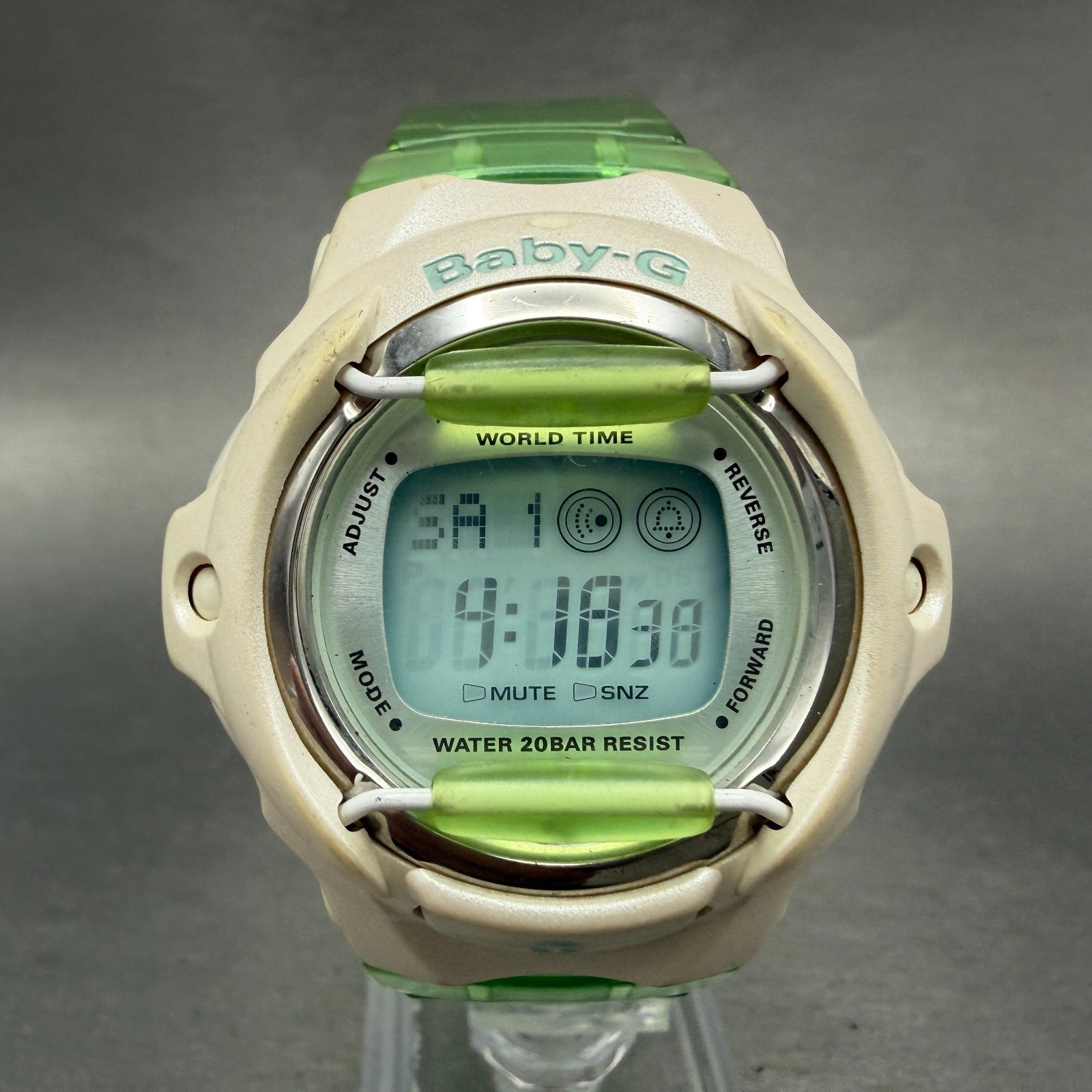Casio Baby-G Watch Women 43mm White Green Digital Alarm Chrono BG-169WH New Batt0