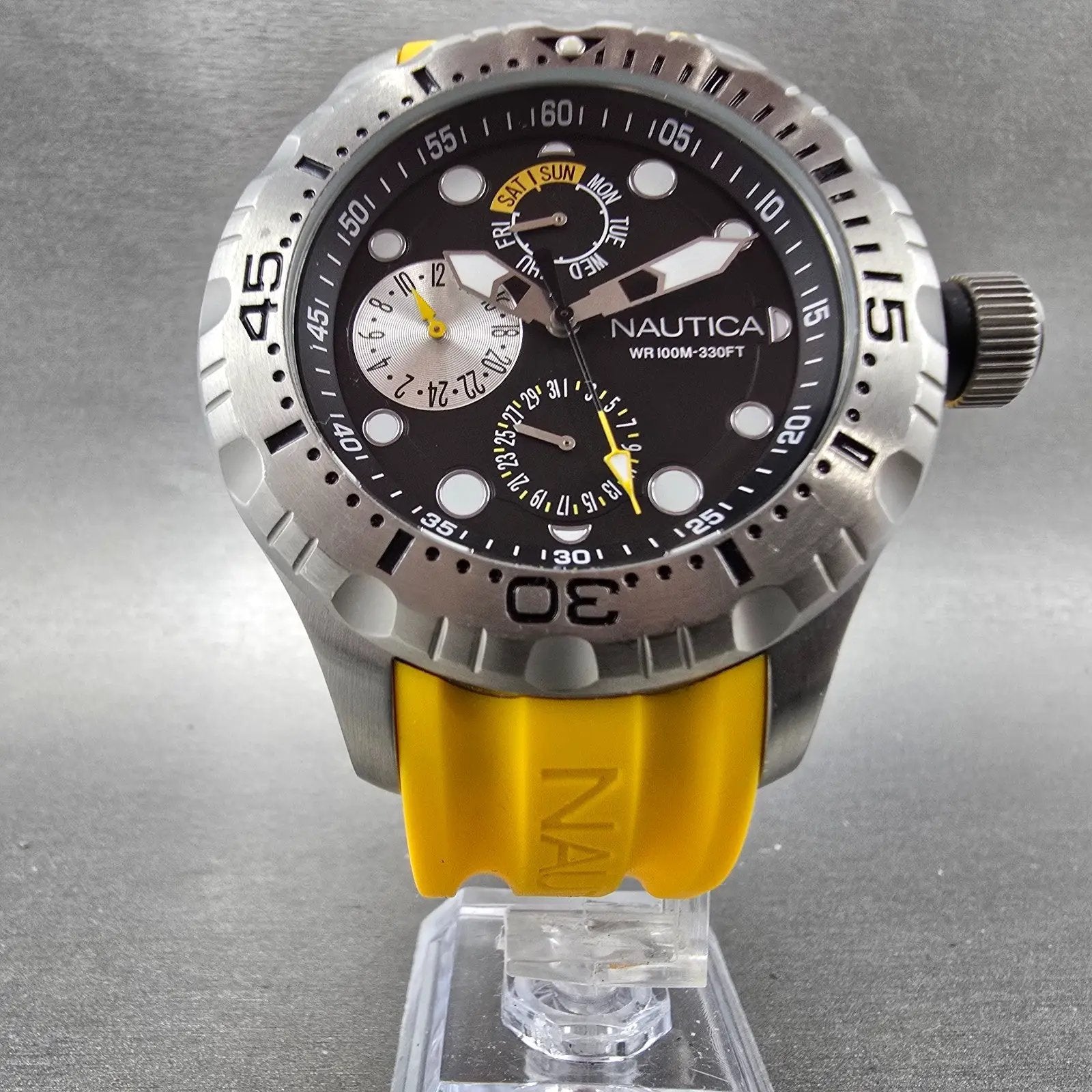 Nautica Dive Watch Men 48mm Black Dial Steel Daydate Round NAS15107G New battery5