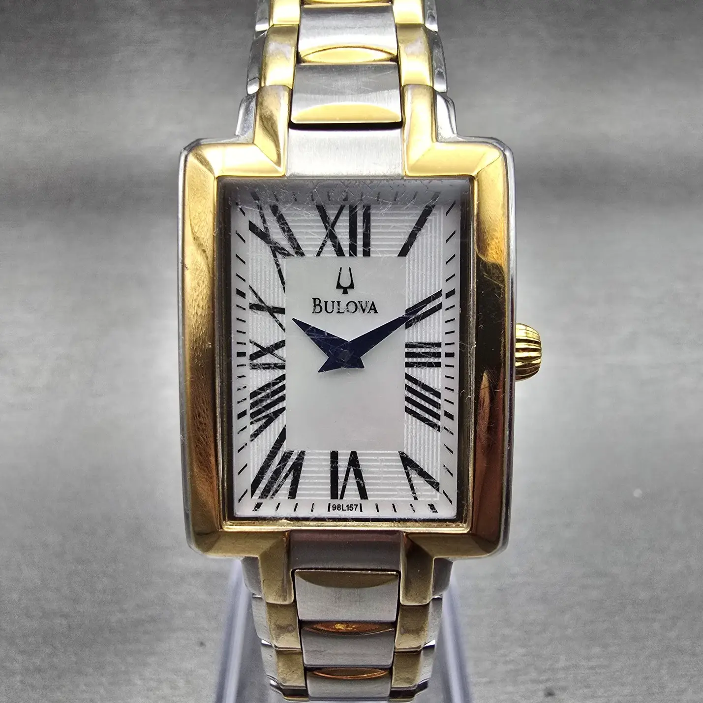 Bulova Tank Watch Women 22mm MOP Dial Two Tone Rectangle 98L157 New Battery0