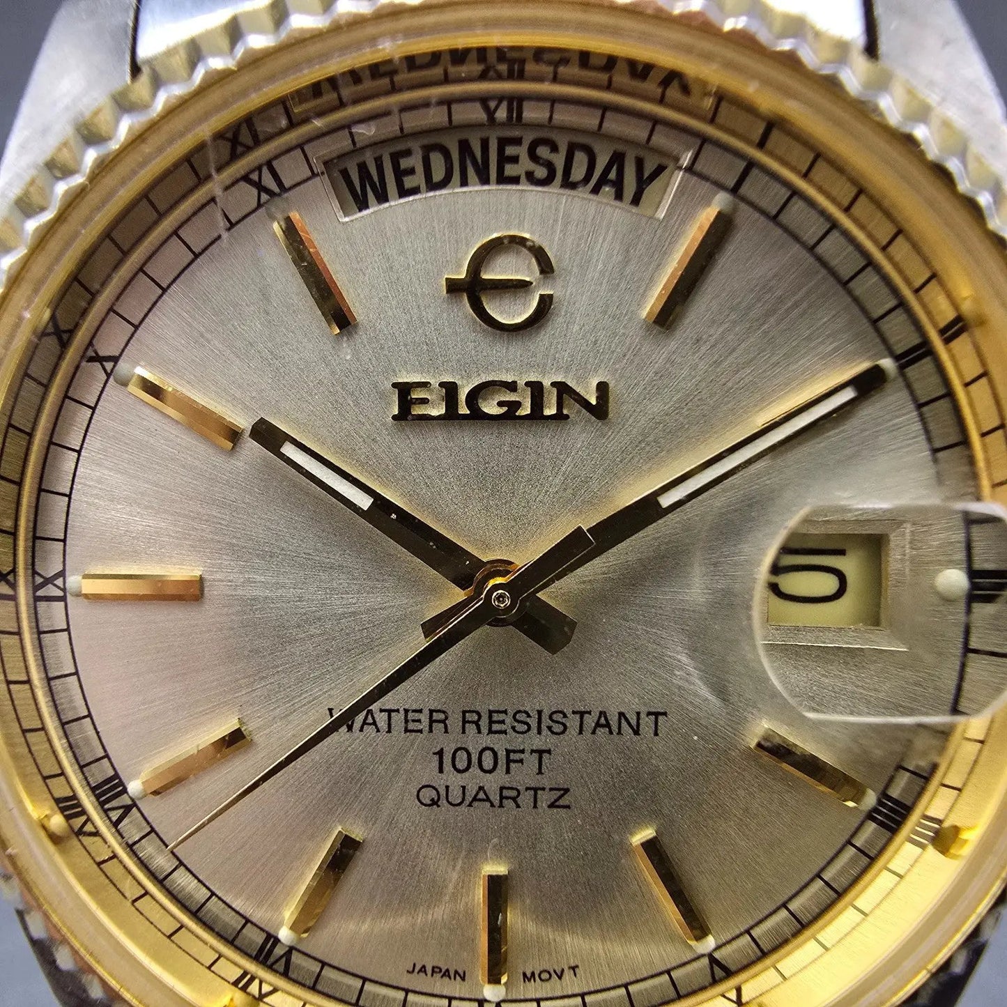 Elgin President Watch Men 38mm Champagne Dial Two Tone Daydate Round New Battery1