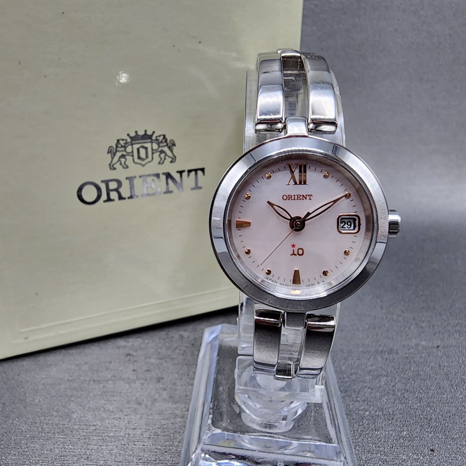 Orient IO Solar Watch Women 24mm MOP Dial Silver Tone Date Round KN70UAA0 Runs0