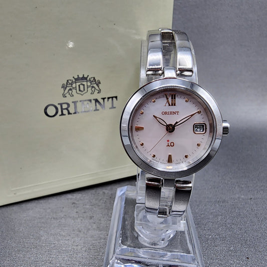 Orient IO Solar Watch Women 24mm MOP Dial Silver Tone Date Round KN70UAA0 Runs0