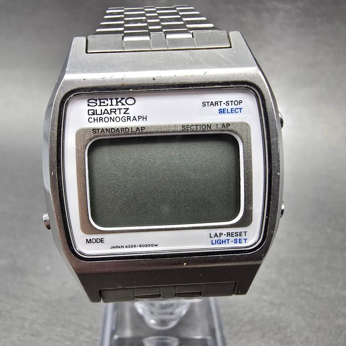 Seiko Watch Men 34mm Digital Silver Chronograph Rectangle A229-5010 PARTS VTG0