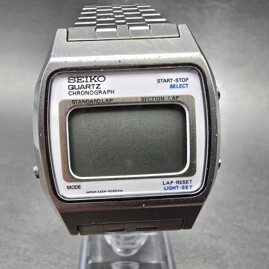 Seiko Watch Men 34mm Digital Silver Chronograph Rectangle A229-5010 PARTS VTG0