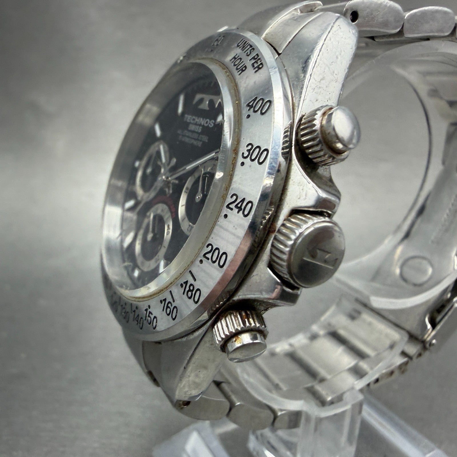 Technos Chronograph Watch Men 40mm Black Dial Silver Tone TGM615 New Battery2