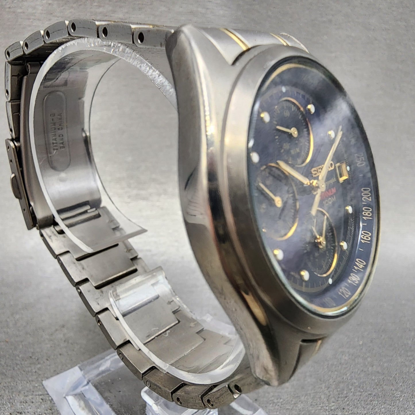 Seiko Chronograph Watch Men 38mm Blue Dial Titanium Date Alarm 7T620FD0 PARTS4