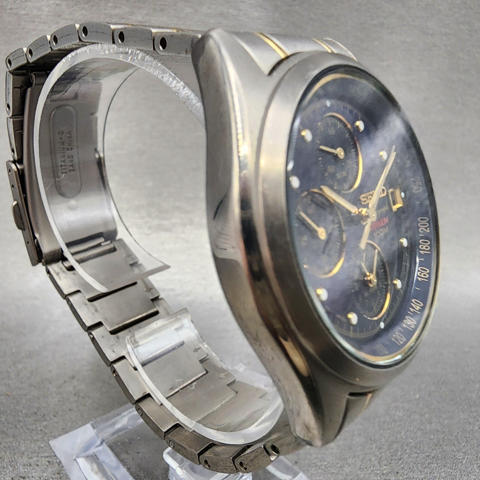 Seiko Chronograph Watch Men 38mm Blue Dial Titanium Date Alarm 7T620FD0 PARTS4
