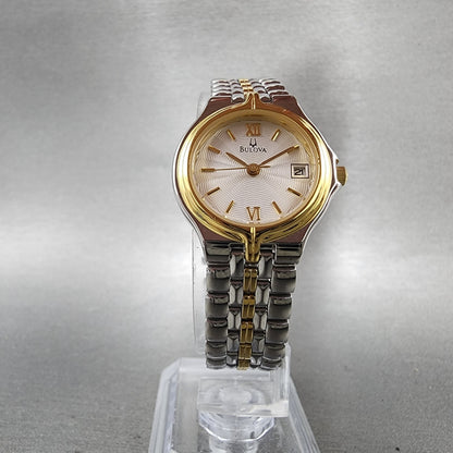 Bulova Watch Women 24mm White Dial two Tone Date Round 98M02 New Battery5
