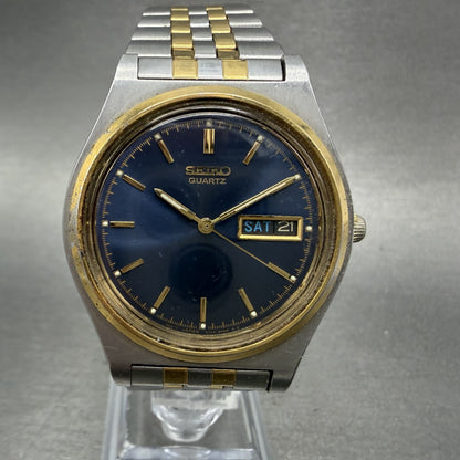 Seiko Watch Men 37mm Blue Dial Two Tone Daydate Round V7438a20 New Battery0