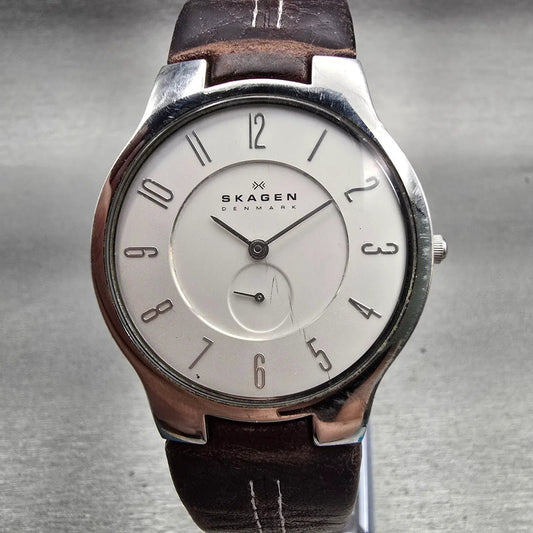 Skagen Watch Men 34mm White Dial Silver Tone Round 433LSL1 READ!!!!! New Battery0