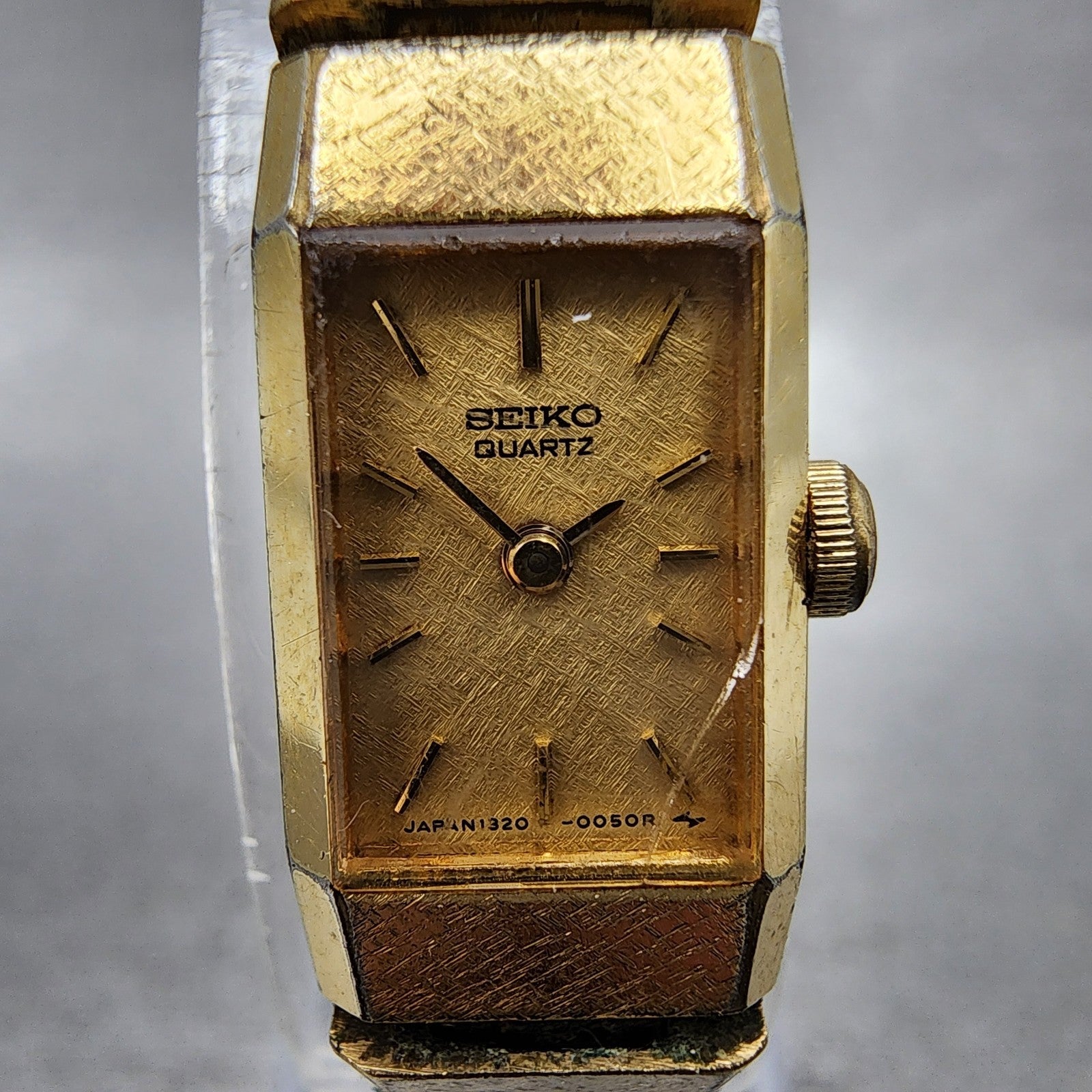 Seiko Watch Women 12mm Gold Dial Gold Tone Rectangle 13205049 New Battery VTG1
