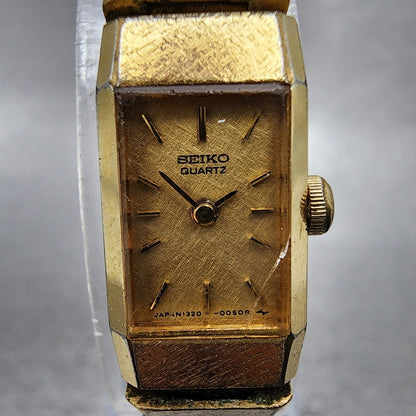 Seiko Watch Women 12mm Gold Dial Gold Tone Rectangle 13205049 New Battery VTG1